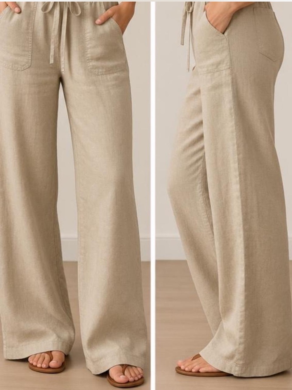 MAX STUDIO 100% Linen Wide Leg Drawstring Pants Beige/Tan Size Small